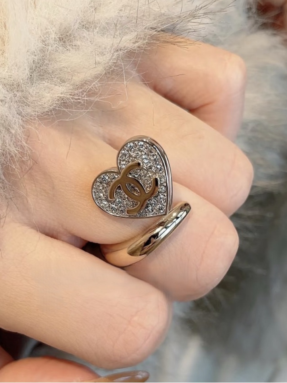 CHANEL Light Gold Tone Heart Ring with Crystal CC 26P